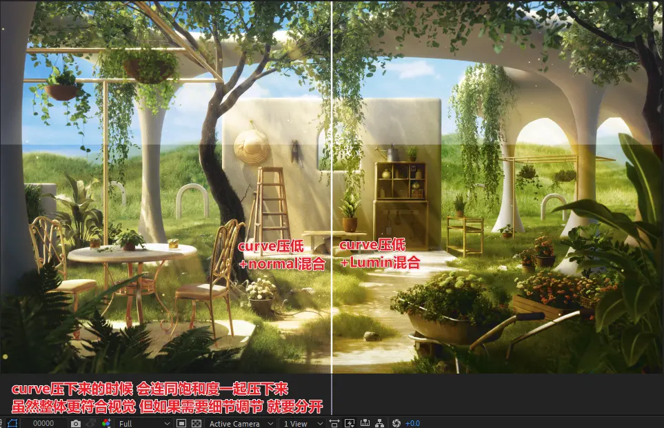 上半为原图，下左侧为以normal混合的curve，下右侧以Lumin混合
